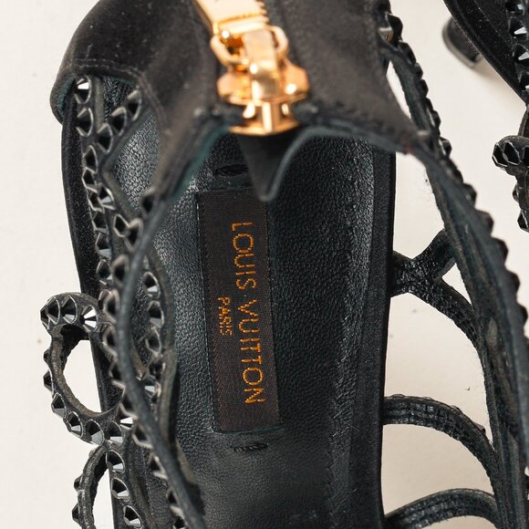 Louis Vuitton Tisha Crystal Studded Black Satin Cage Strap Heel Platform Sandal - Picture 10 of 10